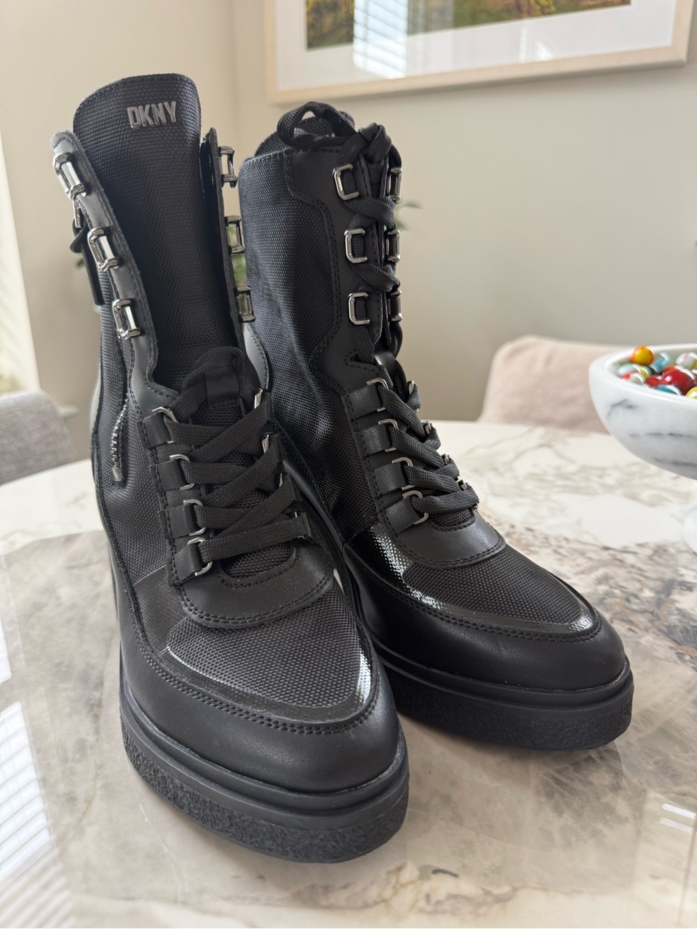 DKNY Black Lace-Up Platform Combat Boots with Side Zippers